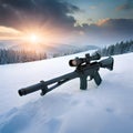 Sniper rifle on ground with snow landscape background. Generative AI. Royalty Free Stock Photo