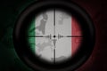 Sniper scope aimed at flag of italy on the khaki texture background. military concept. 3d illustration