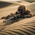 Sniper wearing a tan ghillie suit laying on a sand dune ready to attack. Royalty Free Stock Photo