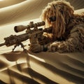 Sniper wearing a tan ghillie suit laying on a sand dune ready to attack. Close-up Royalty Free Stock Photo