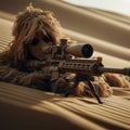 Sniper wearing a tan ghillie suit laying on a sand dune ready to attack. Close-up Royalty Free Stock Photo