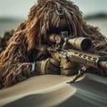 Sniper wearing a tan ghillie suit laying on a sand dune ready to attack. Close-up Royalty Free Stock Photo