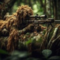 Sniper wearing a tan ghillie suit laying on a sand dune ready to attack. Royalty Free Stock Photo