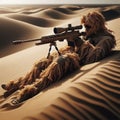 Sniper wearing a tan ghillie suit laying on a sand dune ready to attack Royalty Free Stock Photo