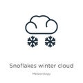 Snoflakes winter cloud icon. Thin linear snoflakes winter cloud outline icon isolated on white background from meteorology