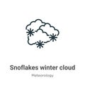 Snoflakes winter cloud outline vector icon. Thin line black snoflakes winter cloud icon, flat vector simple element illustration