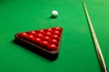 Snooker balls on a billiard table cue white ball Royalty Free Stock Photo