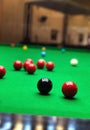 Snooker balls on green game table closeup Royalty Free Stock Photo
