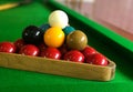 Snooker balls on green game table closeup Royalty Free Stock Photo