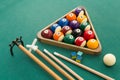 Snooker billards pool balls, cue, chalk on green table Royalty Free Stock Photo