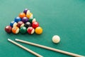 Snooker billards pool balls, cue, extender stick on green table
