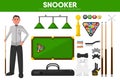 Snooker billiards sport equipment pool player garment accessory vector flat icons set