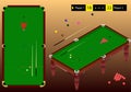Snooker isometric playground green table, ball, cue stick, and scoreboard. Snooker playground top view.