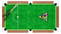 Snooker pool table and billiards ball arrangement with cue . Top orthographic view . Isolated . Embedded clipping paths . 3D Royalty Free Stock Photo