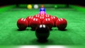 Snooker pool table and billiards ball with dimness light . 3D rendering Royalty Free Stock Photo
