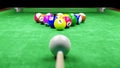 Snooker pool table and billiards ball with number 1 to 15 . Velvet texture on ground . 3D rendering