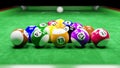 Snooker pool table and billiards ball with number 1 to 15 . Velvet texture on ground . 3D rendering