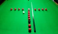 Snooker T practice routine setup on green baize snooker table Royalty Free Stock Photo