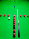 Snooker T practice routine setup on green baize snooker table Royalty Free Stock Photo