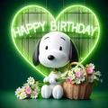 Snoopy chibi is cute holding a basket of flowers with a happy birthday sign.