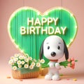 Snoopy chibi is cute holding a basket of flowers with a happy birthday sign.