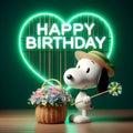 Snoopy chibi is cute holding a basket of flowers with a happy birthday sign.