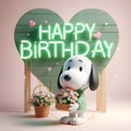 Snoopy chibi is cute holding a basket of flowers with a happy birthday sign.