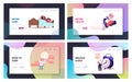 Snore Landing Page Template Set. Tiny Characters Sleeping in Bed and Suffering of Snoring, Angry Awake Man Royalty Free Stock Photo