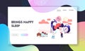 Snore Landing Page Template. Tiny Characters Sleeping in Bed and Suffering of Snoring, Angry Awake Man Royalty Free Stock Photo