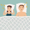 Snoring man in bed with angry awaken woman. Sleeping problems. Unhealthy lifestyle. Royalty Free Stock Photo