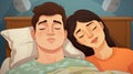 Snoring man. Couple in bed, men snoring and women can not sleep, covering ears with pillow for snore noise. Young interracial Royalty Free Stock Photo