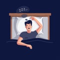 Snoring vector illustration. Young man lying in the bed, snores loudly with open mouth while deep sleep. Male person Royalty Free Stock Photo