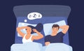 Snoring woman. Snorer sleeping wife and annoyed husband on pillow bed, female snore sound noise sensual sleep, nights Royalty Free Stock Photo