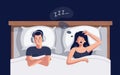 Snoring woman vector illustration. Husband suffers insomnia because of wife snores loudly. Man can't sleep, covers ears