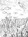 Snorkeler and Elkhorn Corals in Biscayne National Park Woodcut Black and White