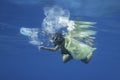 Snorkelers woman collects plastic debris that drifting on the surface of the blue ocean. Plastic garbage polluting seas and ocean