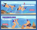 Snorkeling activity classes, people in diving mask swimming in sea observing coral reef marine fauna vector landing page