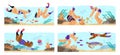 Snorkeling activity vector set, people in diving mask swimming in sea observing fauna of coral reef, marine adventures