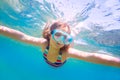 Snorkeling blond kid girl underwater goggles and swimsuit Royalty Free Stock Photo