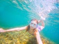 Snorkeling blond kid girl underwater goggles and swimsuit Royalty Free Stock Photo