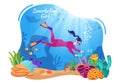 Snorkeling Girl with Underwater Swimming Exploring Sea, Coral Reef or Fish in the Ocean in Flat Cartoon Vector Illustration