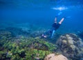 Snorkeling man in snorkeling mask. Photography underwater. Royalty Free Stock Photo