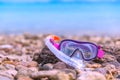 Snorkeling Mask Dry Snorkel Water Sports Gear on Stone Beach Coastline Sea Relax Summer Vacation Holiday Concept Tone Royalty Free Stock Photo