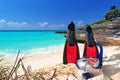 Snorkeling mask and fins on the beach Royalty Free Stock Photo