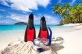 Snorkeling mask and fins on the beach Royalty Free Stock Photo