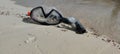 Snorkeling mask on the sand. Concept photo of the ocean, long exposure. Royalty Free Stock Photo