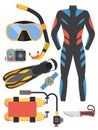 Snorkeling and scuba diving set of elements. Scuba-diving gear isolated. Diver wetsuit, scuba mask, snorkel, fins Royalty Free Stock Photo