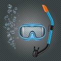 Snorkeling set with diving mash and breathing tube on dark transparent background with bubbles realistic vector illustration