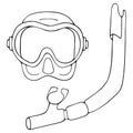 Snorkeling. Sketch. Vector illustration. Mask and snorkel for scuba diving. Outline on an isolated white background. Doodle style.