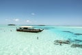 Snorkeling in turquoise clear water with coral reefs, South Pacific Ocean with Island